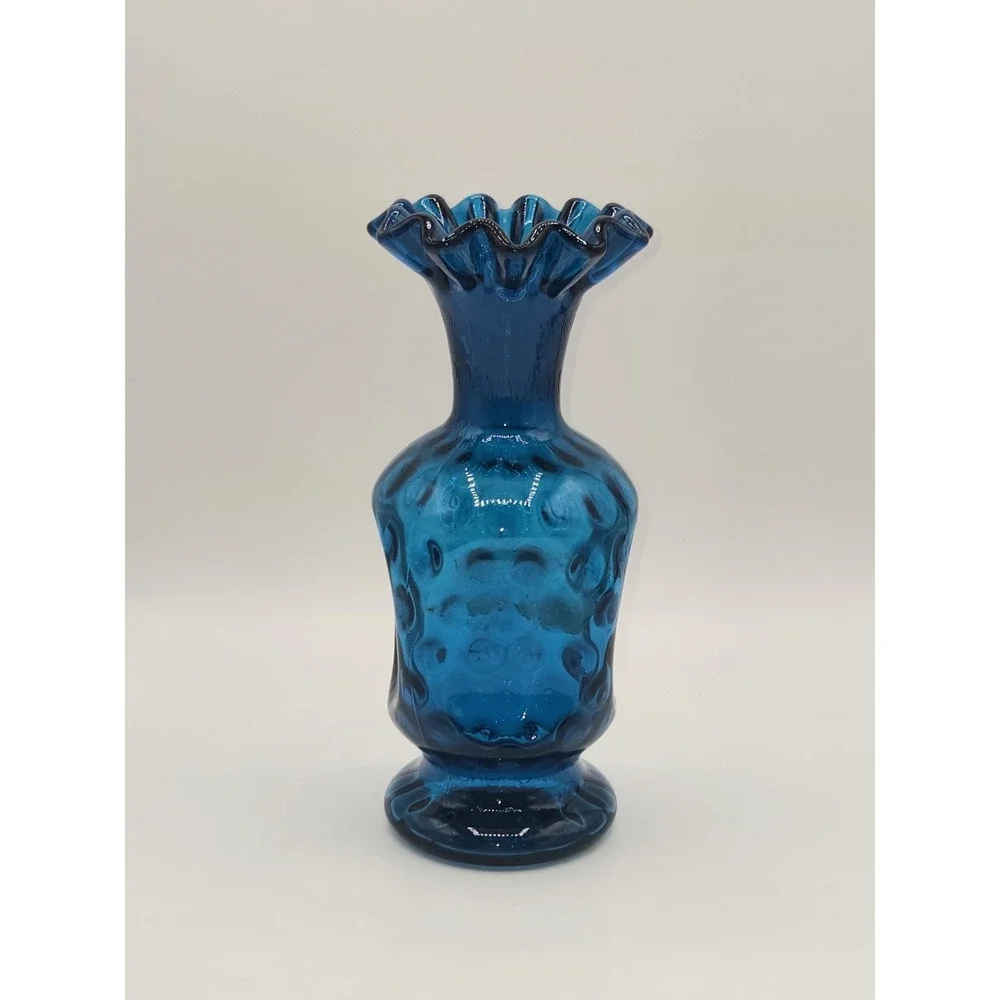 Fenton Jamestown Blue Coin Dot Art Glass Vase Ruffled Rim